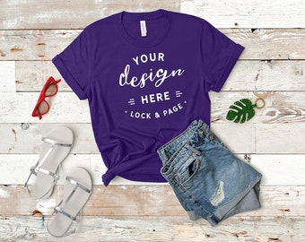 Download Free Bella Canvas Team Purple 3001 Mockup Tshirt Flat Lay Denim Shorts PSD Mockup Template