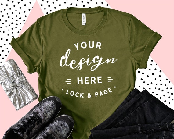 Olive Bella Canvas 3001 T-Shirt Mockup Feminine Flat Lay