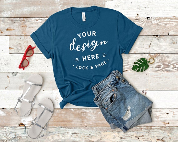 Bella Canvas Teal Blue 3001 Mockup T-Shirt Flat Lay