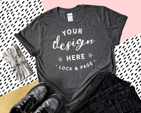 Gildan 6400 Dark Heather T-Shirt Mockup Feminine Flat Lay Gildan 6400 Dark Heather T-Shirt Mockup Feminine Flat Lay