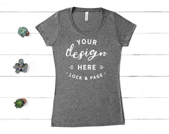 Download Free Grey Bella Canvas 8413 Triblend T Shirt Mockup Women S Flat Lay White Wooden Floor Background Template Mockup Free Psd PSD Mockup Template