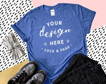 Download Free Gildan 6400 Heather Royal T-Shirt Mockup Feminine Flat Lay On Trendy Patterned Abstract Background, Fashion Blog Mockup, Shoes & Purse PSD Template