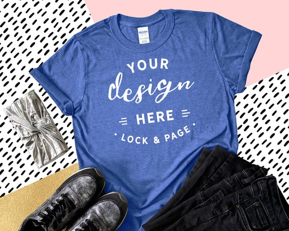 Gildan 6400 Heather Royal T-Shirt Mockup Feminine Flat Lay