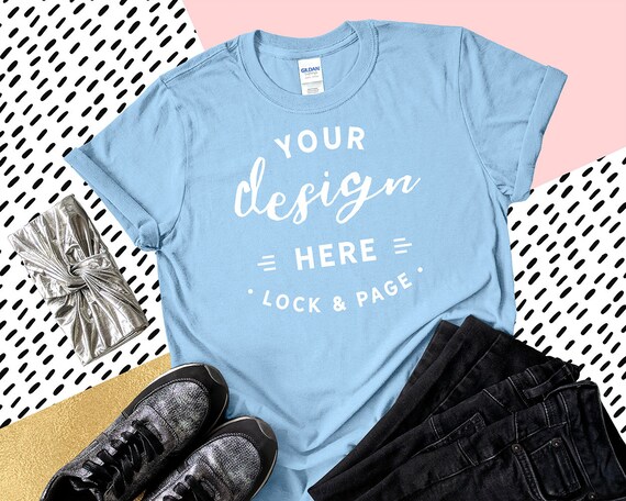 Gildan 6400 Light Blue T-Shirt Mockup Feminine Flat Lay Gildan 6400 Light Blue T-Shirt Mockup Feminine Flat Lay