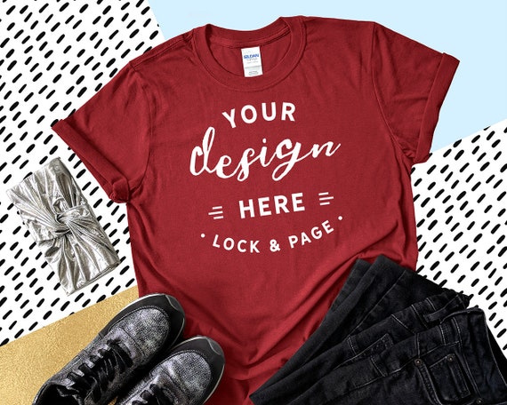Gildan 6400 Cardinal Red T-Shirt Mockup Feminine Flat Lay Gildan 6400 Cardinal Red T-Shirt Mockup Feminine Flat Lay