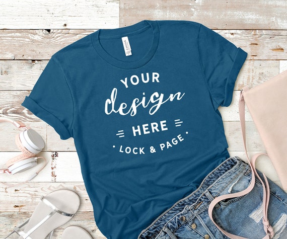 Teal Bella Canvas 3001 Mockup T-Shirt Flat Lay Beach Teal Bella Canvas 3001 Mockup T-Shirt Flat Lay Beach