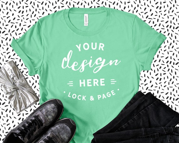 Mint Bella Canvas 3001 T-Shirt Mockup Feminine Flat Lay Mint Bella Canvas 3001 T-Shirt Mockup Feminine Flat Lay