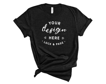 Download Free Heather Black Bella Canvas 3001 T Shirt Mockup Plain White Background Women's Knotted Feminine T-Shirt POD Shop Mock Up Flat Lay PSD Template