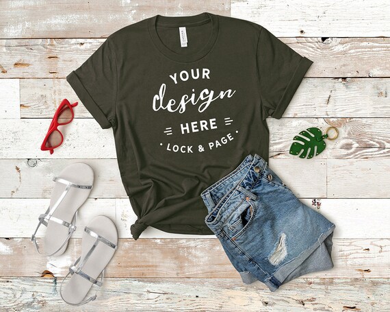 Bella Canvas 3001 Mockup Army Green T-Shirt Flat Lay Bella Canvas 3001 Mockup Army Green T-Shirt Flat Lay
