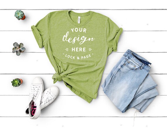 Bella Canvas 3001 Heather Green Unisex T-Shirt Mockup Flat