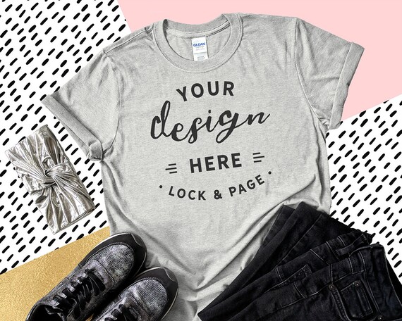 Gildan 6400 Sport Grey T-Shirt Mockup Feminine Flat Lay