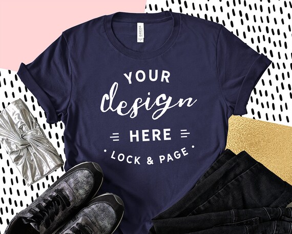 Navy Bella Canvas 3001 T-Shirt Mockup Feminine Flat Lay