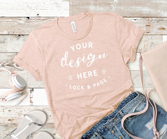 Heather Peach Bella Canvas 3001 Mockup T-Shirt Flat Lay