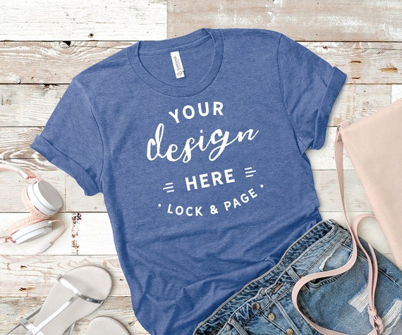 Heather Blue Bella Canvas 3001 Mockup T-Shirt Flat Lay