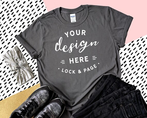 Download Gildan 6400 Charcoal T-Shirt Mockup Feminine Flat Lay On ...