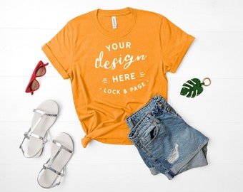 Download Free Bella Canvas 3001 Mockup Burnt Orange Unisex TShirt Flat Lay Denim Shorts Mockup Summer Fashion Mock Up Cute Feminine Apparel Mockup PSD Template