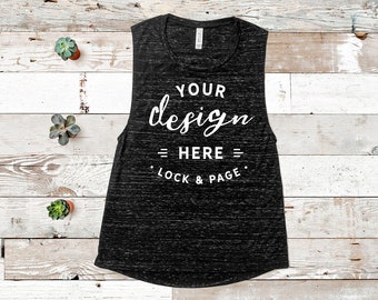Download Free Bella Canvas 8803 Heather Black Marble Mockup Flowy Scoop Muscle Tank Top Racerback Ladies Summer Gym Vest Flat Lay Rustic Wood Backdrop PSD Template
