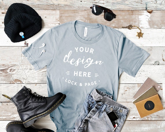 Mens Light Blue Bella Canvas 3001 T-Shirt Mockup Masculine