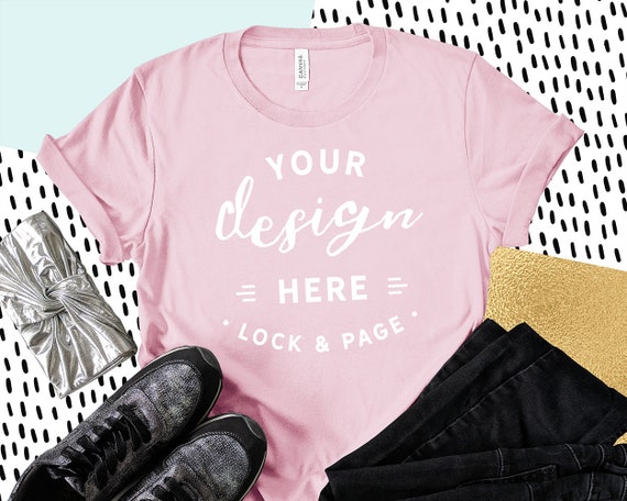 Pink Bella Canvas 3001 T-Shirt Mockup Feminine Flat Lay