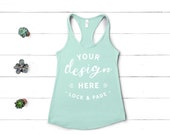 Next Level 1533 Mockup Mint Flat Lay Ladies Summer Racerback Muscle Workout Gym Tank Top Vest Beach Apparel White Wood Backdrop