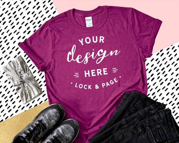 Gildan 6400 Antique Helliconia T-Shirt Mockup Feminine Flat Lay Gildan 6400 Antique Helliconia T-Shirt Mockup Feminine Flat Lay