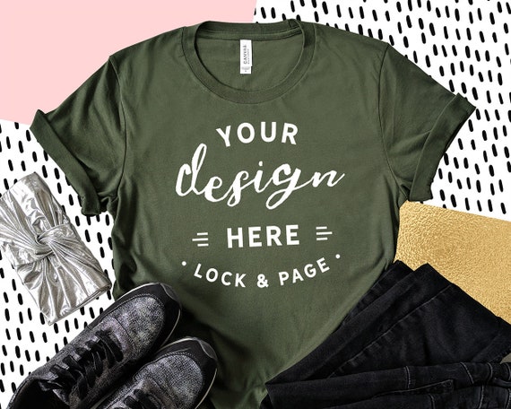 Military Green Bella Canvas 3001 T-Shirt Mockup Feminine Flat