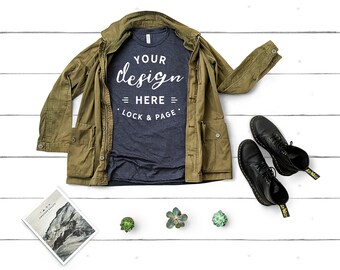 Download Bella Canvas 3001 Heather Midnight Navy Unisex T Shirt Flat Lay Mockup Jacket Boots White Wood Background Masculine Feminine Free Psd Mockups Template