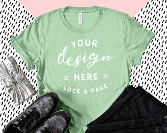 Download Heather Prism Mint Bella Canvas 3001 T Shirt Mockup Girly Flat Lay Funky Patterned Background Stylish Fashion Mockup Shoes Purse Free Template Mockup Psd Yellowimages Mockups
