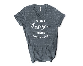 Download Free Charcoal Marble Bella Canvas 3005 V-Neck T Shirt Mockup Short Sleeve Unisex Flat Lay On Clean White Background PSD Template