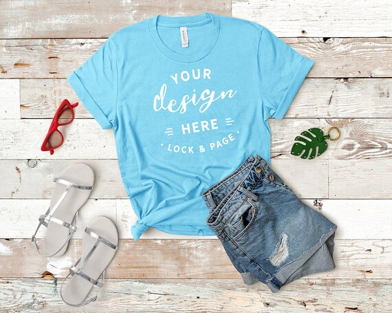 Bella Canvas 3001 Mockup Aqua Blue T-Shirt Flat Lay
