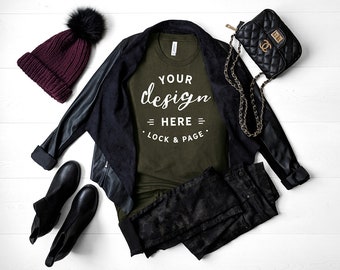 Download Free Army Green Fall T-Shirt Mockup Bella Canvas 3001 Autumn Autumnal Winter Fashion TShirt Flat Lay Seasonal Apparel Women's Mockup T Shirt PSD Template