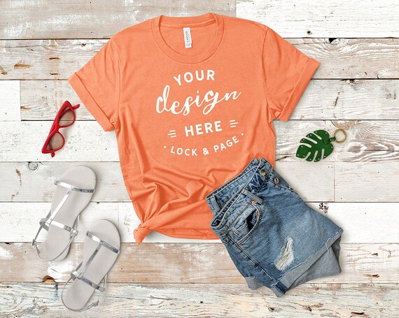 Bella Canvas 3001 Mockup Coral T-Shirt Flat Lay Denim Bella Canvas 3001 Mockup Coral T-Shirt Flat Lay Denim