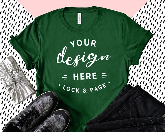 Evergreen Bella Canvas 3001 T-Shirt Mockup Feminine Flat Lay
