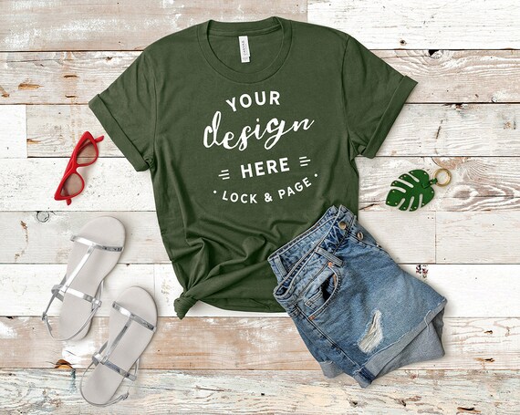 Bella Canvas Military Green 3001 Mockup T-Shirt Flat Lay