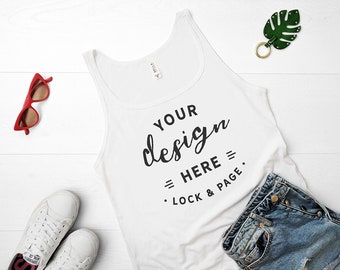 Download Free White Bella Canvas 6488 Tank Top Jersey Mockup Flat Lay Feminine Racerback Vest Top Keep Fit Gym Beach Apparel Clean White Wood Backdrop PSD Template