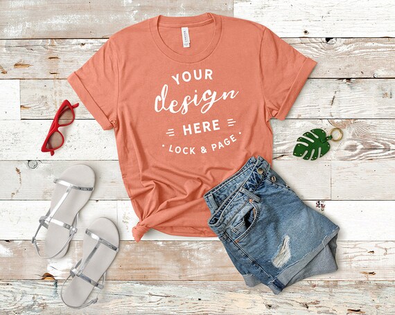 Bella Canvas Sunset 3001 Mockup T-Shirt Flat Lay Denim