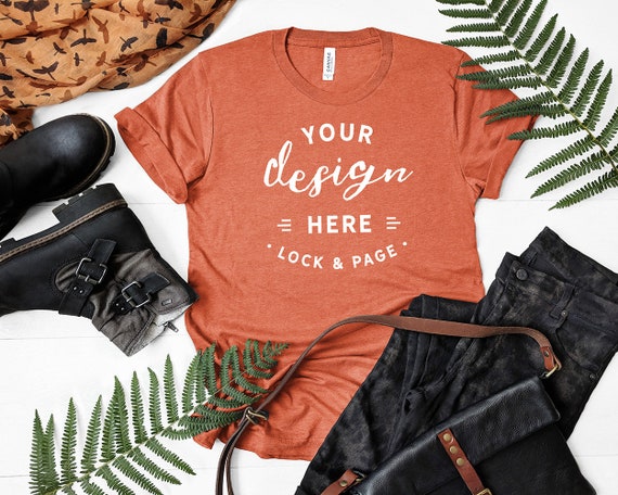 Fall Flat Lay T-Shirt Mockup Heather Orange Bella