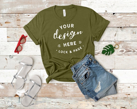 Bella Canvas Olive Green 3001 Mockup T-Shirt Flat Lay