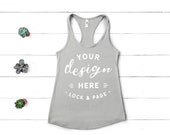 Next Level 1533 Mockup Silver Flat Lay Ladies Summer Racerback Muscle Workout Gym Tank Top Vest Beach Apparel White Wood Backdrop