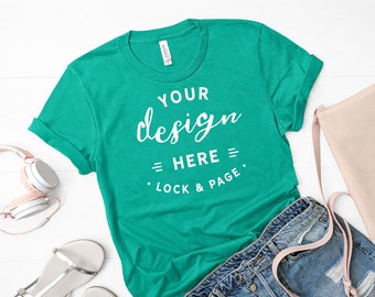 Download Free Teal Bella Canvas 3001 T Shirt Mockup Flat Lay Denim Shorts Bag Mockup Summer Fashion T Shirt Mock Up Cute Feminine Apparel Mockup PSD Template