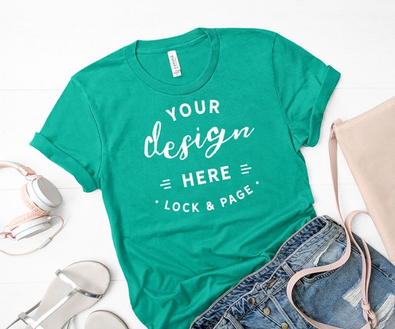 Teal Bella Canvas 3001 T-Shirt Mockup Flat Lay Teal Bella Canvas 3001 T-Shirt Mockup Flat Lay