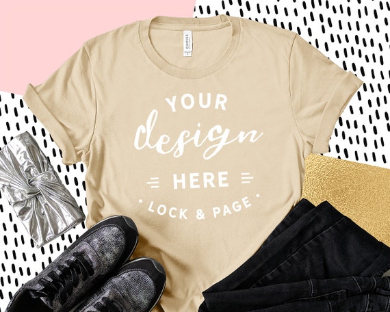 Tan Bella Canvas 3001 T-Shirt Mockup Girly Flat Lay