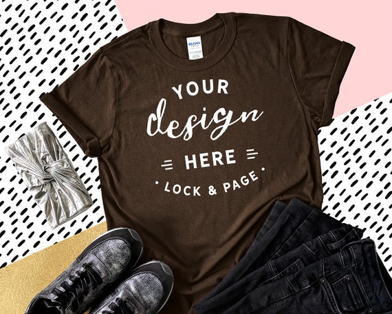 Download Free Gildan 6400 Dark Chocolate T Shirt Mockup Feminine Flat Lay PSD Mockup Template