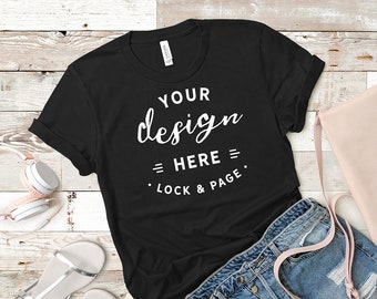 Black Bella Canvas 3001 Mockup TShirt Flat Lay Beach Wood Mockup Summer Fashion T-Shirt Apparel Mock Up Cute Feminine Apparel Mockup