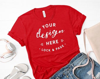 Bella Canvas 3001 Oxblood Black T Shirt Mockup Flat Lay Denim Etsy