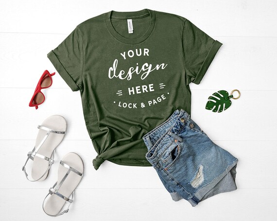 Bella Canvas 3001 Mockup Military Green Unisex T-Shirt Flat
