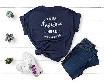 Download Free Gildan 5000 Navy Dark Blue Unisex Tshirt Mockup Flat Lay Shirt Mock Up White Wooden Background Feminine Masculine Modern Shirt Mockup Free Logo Mockups Inmockups PSD Mockup Template