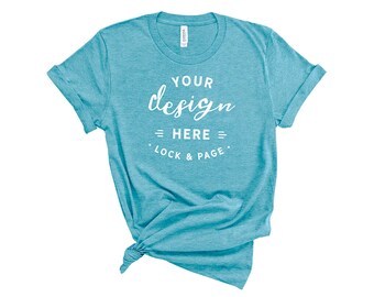 Download Free Heather Aqua Bella Canvas 3001 T Shirt Mockup Plain White Background Women's Knotted Feminine T-Shirt POD Shop Mock Up Flat Lay PSD Template