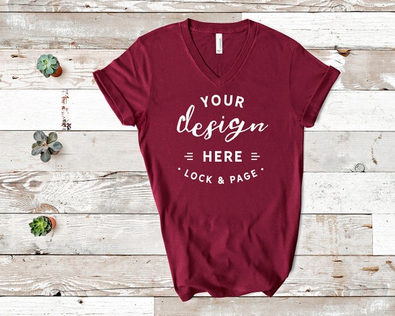 Bella Canvas 3005 Maroon Vneck T-Shirt Mockup Flat Lay