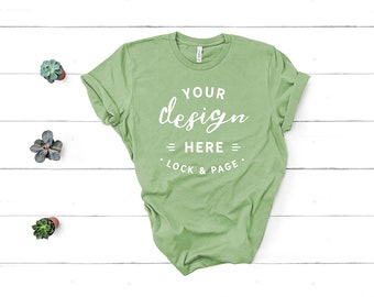 Download Free Bella Canvas 3001 Leaf Green Unisex TShirt Mockup Flat Lay Light Green Pea Green Chartreuse Shirt Mock Up White Wooden Floor Backdrop PSD Template